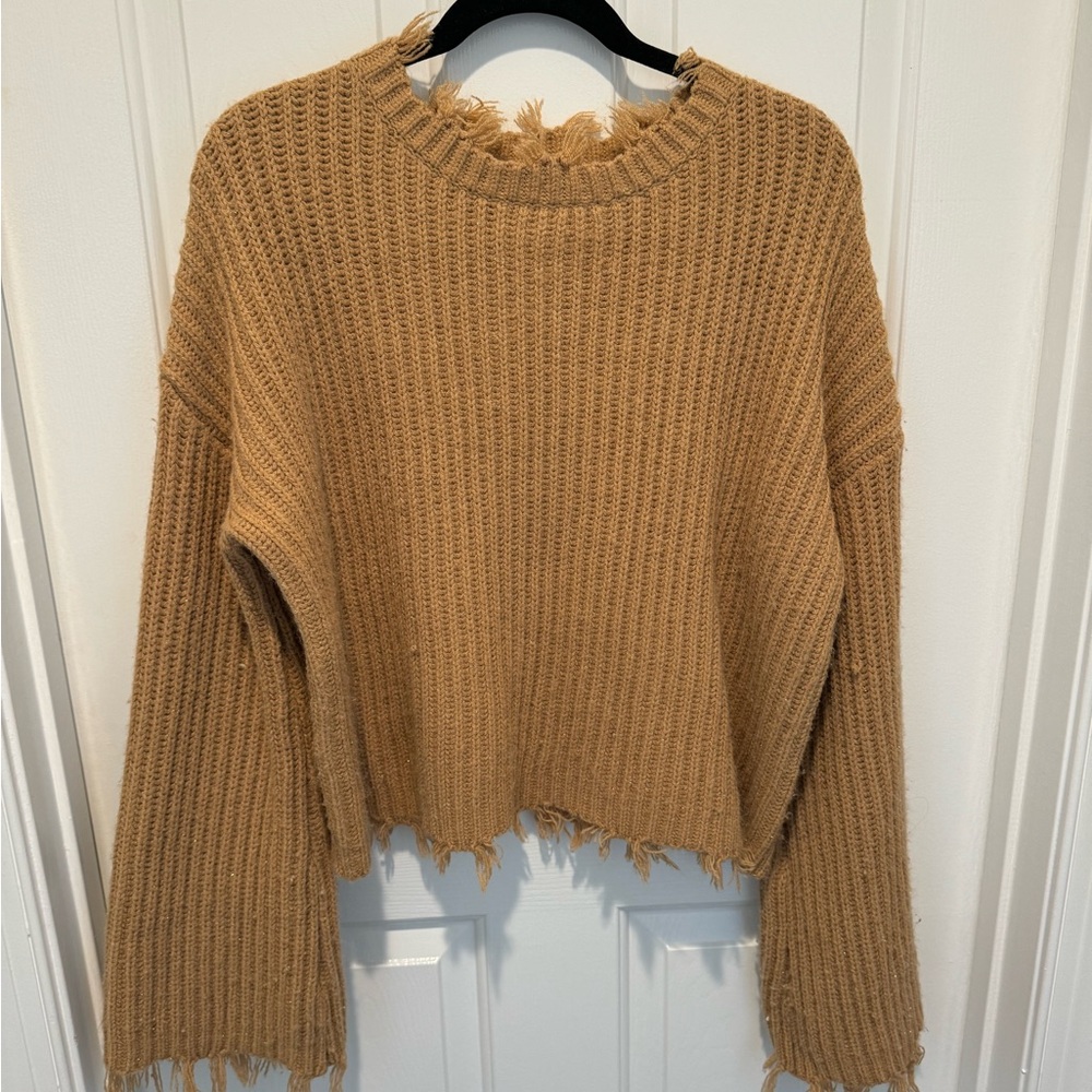 Willow + Root Caramel Brown Cropped Statement Neck Wide Sleeve Sweater Size L